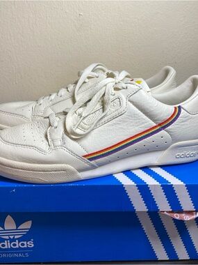 Adidas Continental 80 White Leather Sneakers with Rainbow Stripe